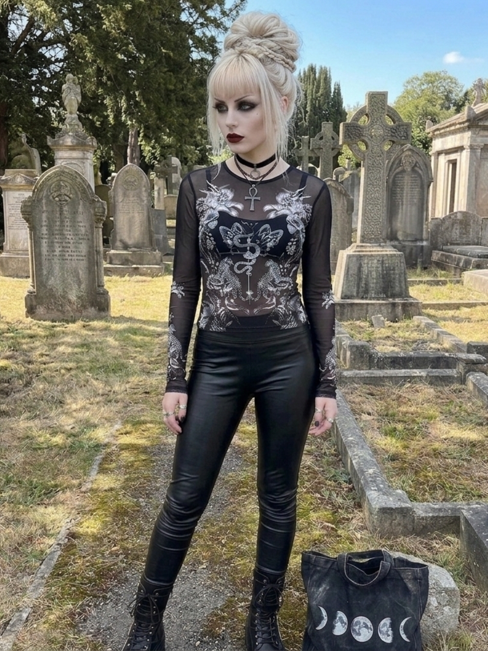 Gothic Floral Sheer Long Sleeve Top - Black